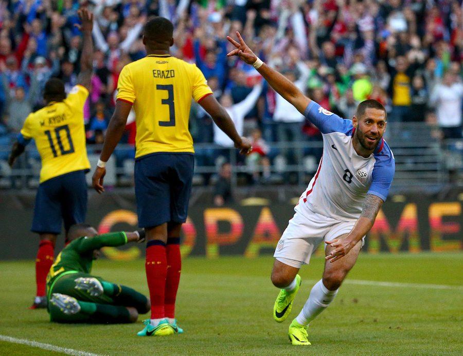 The United States Clint Dempsey (8) celebrates after making a feed to Gyasi Zardes against Ecuador during the Copa America quarterfinals at CenturyLink Field in Seattle on Thursday, June 16, 2016. USA advanced, 2-1. (Sy Bean/Seattle Times/TNS)