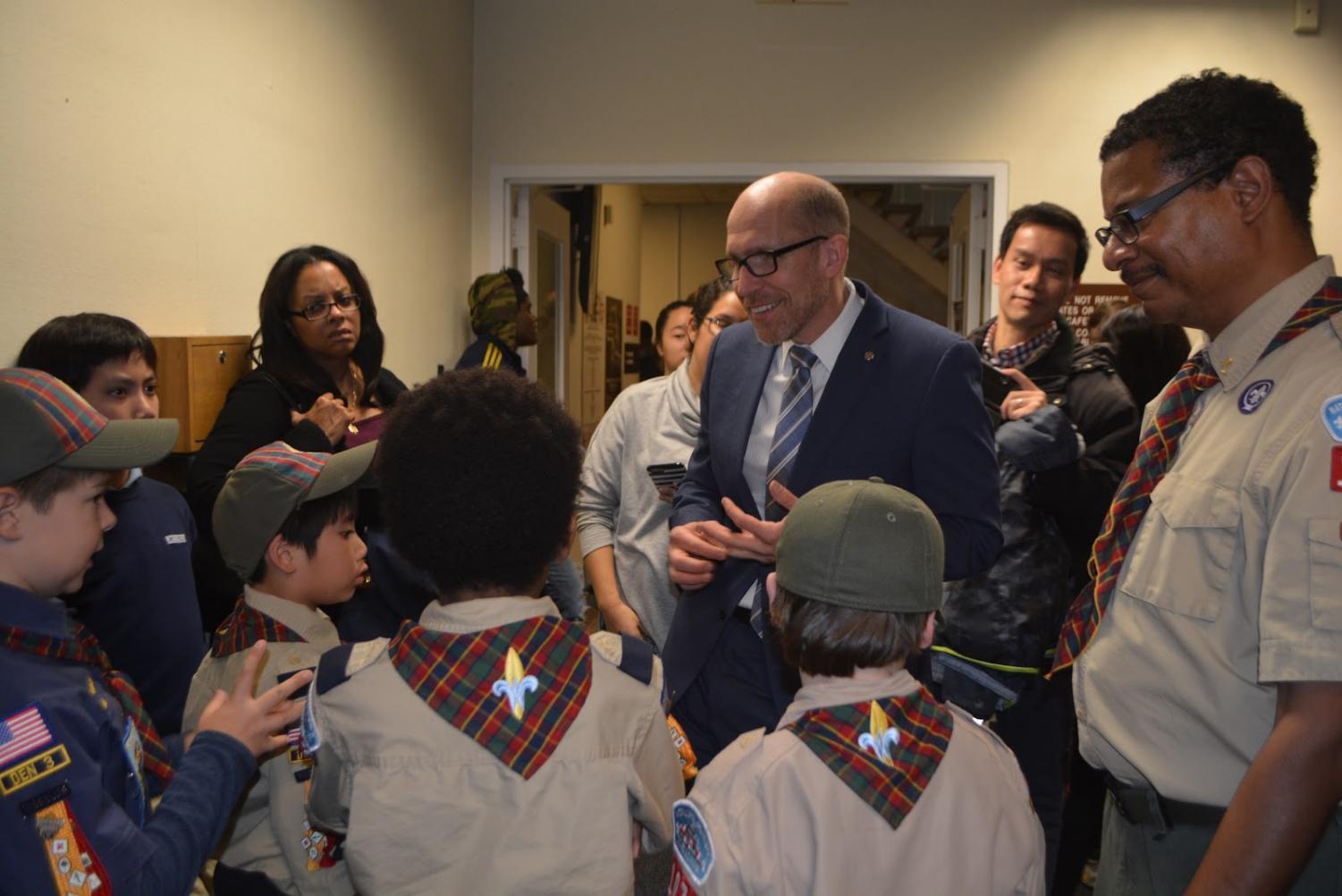Councilmember Tom Hucker speaks with a group of young boy scouts. Tom Hucker (District 5), is our area’s representative on the Montgomery County Council. He represents the communities of Briggs Chaney, Burnt Mills, Burtonsville, Calverton, Cloverly, Colesville, Fairland, Four Corners, Hillandale, Lyttonsville, Silver Spring, Takoma Park, and White Oak.