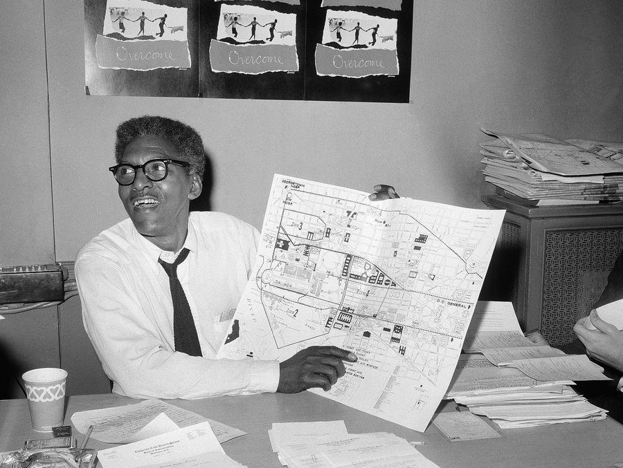 Bayard Rustin is depicted organizing for the March On Washington. 