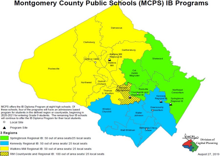 A map of the intake areas for the magnets shared at the BOE’s September 10 meeting. (Courtesy MCPS)