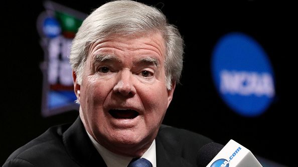 NCAA President Mark Emmert dresses reporters at a 2019 press conference. 