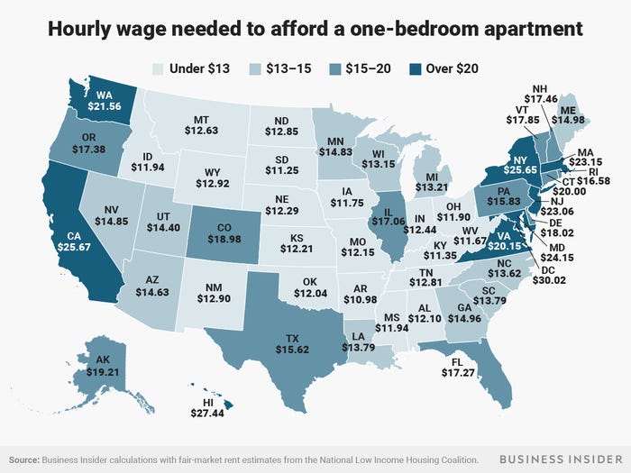 The graphic portrays the hourly pay needed to afford a one-bedroom rental in each state.
(Photo by Andy Kiersz/Business Insider)